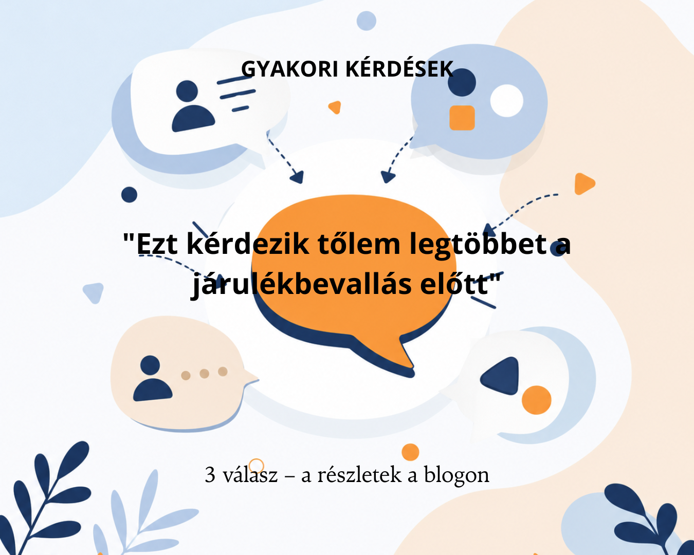 Gyakori kérdések illusztráció – 2. negyedéves járulékbevallás 2026 témában, beszélgetésbuborékokkal és kérdőjelekkel