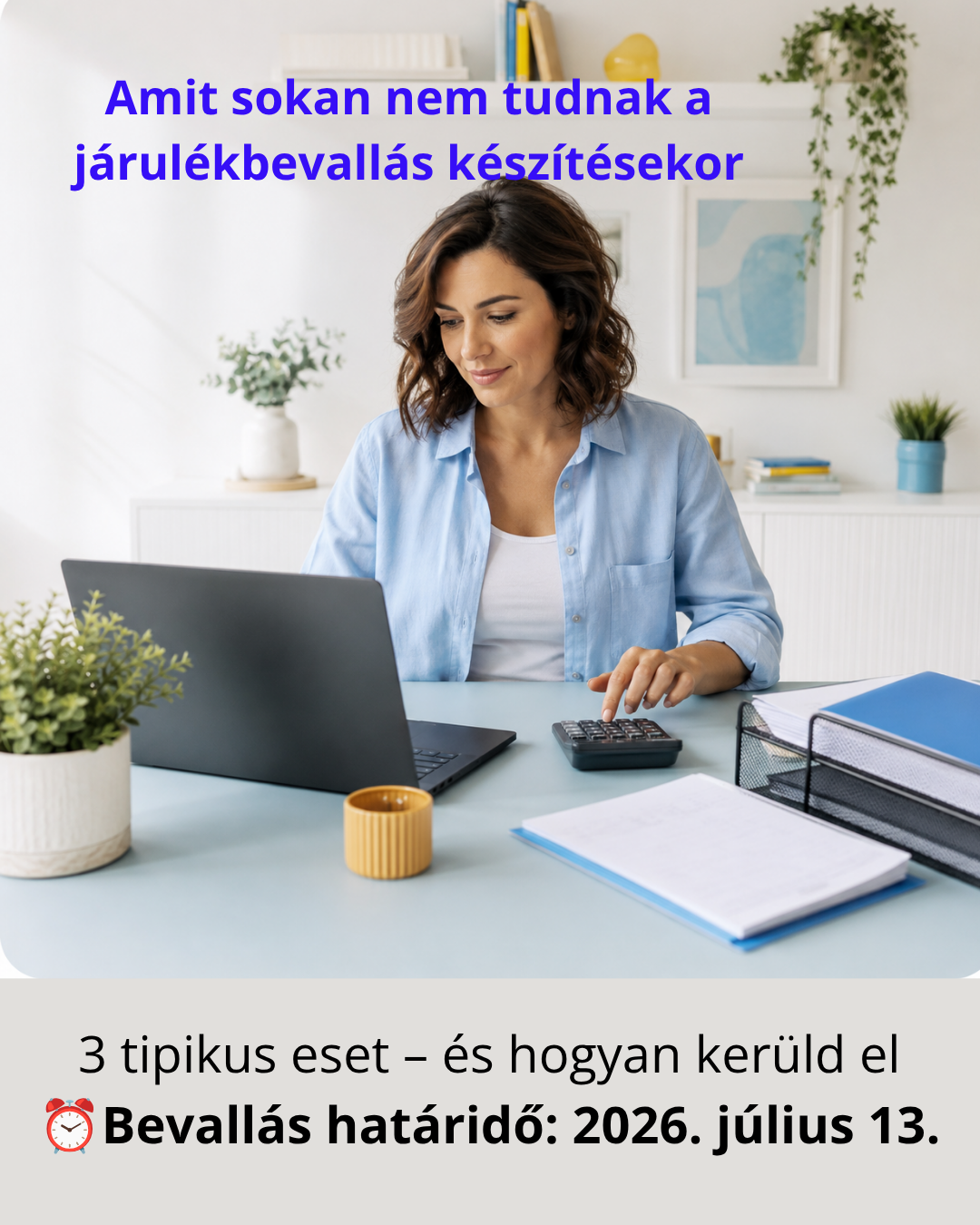 Egyéni vállalkozó nő laptopon és számológépen dolgozik az asztalanál, a képen felirat: Amit sokan nem tudnak a járulékbevallás készítésekor – 3 tipikus eset, és hogyan kerüld el. Bevallás határideje 2026. július 13. Kapcsolódó szolgáltatás: járulékbevallás konzultáció.