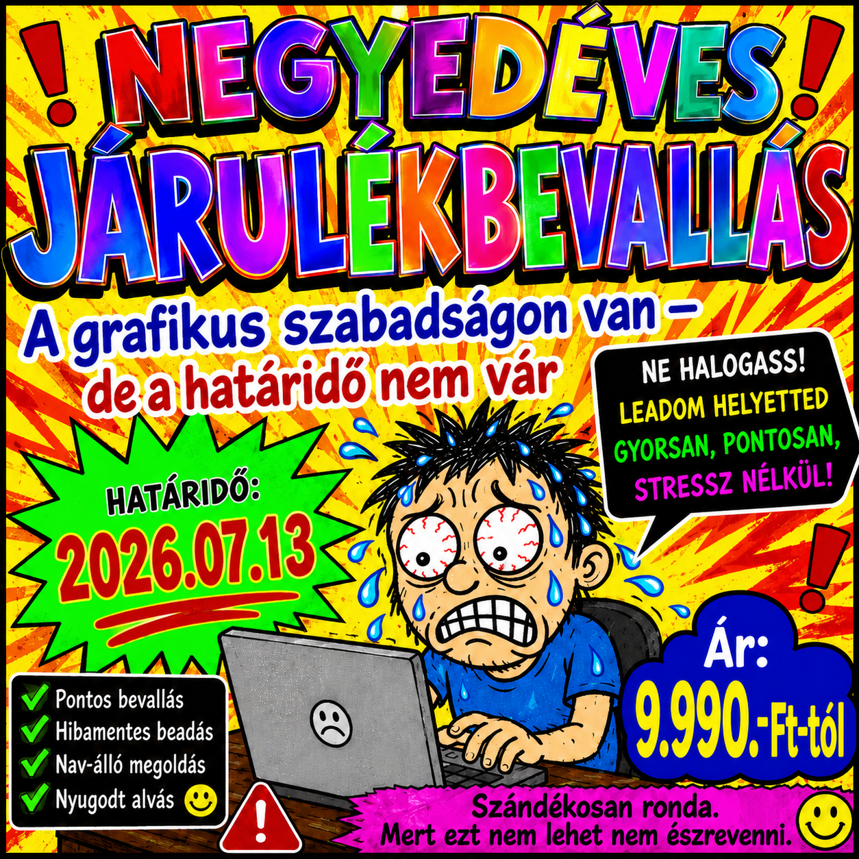 Stresszes vállalkozó laptop előtt – negyedéves járulékbevallás határideje: 2026. július 13., helyette leadás gyorsan és stresszmentesen