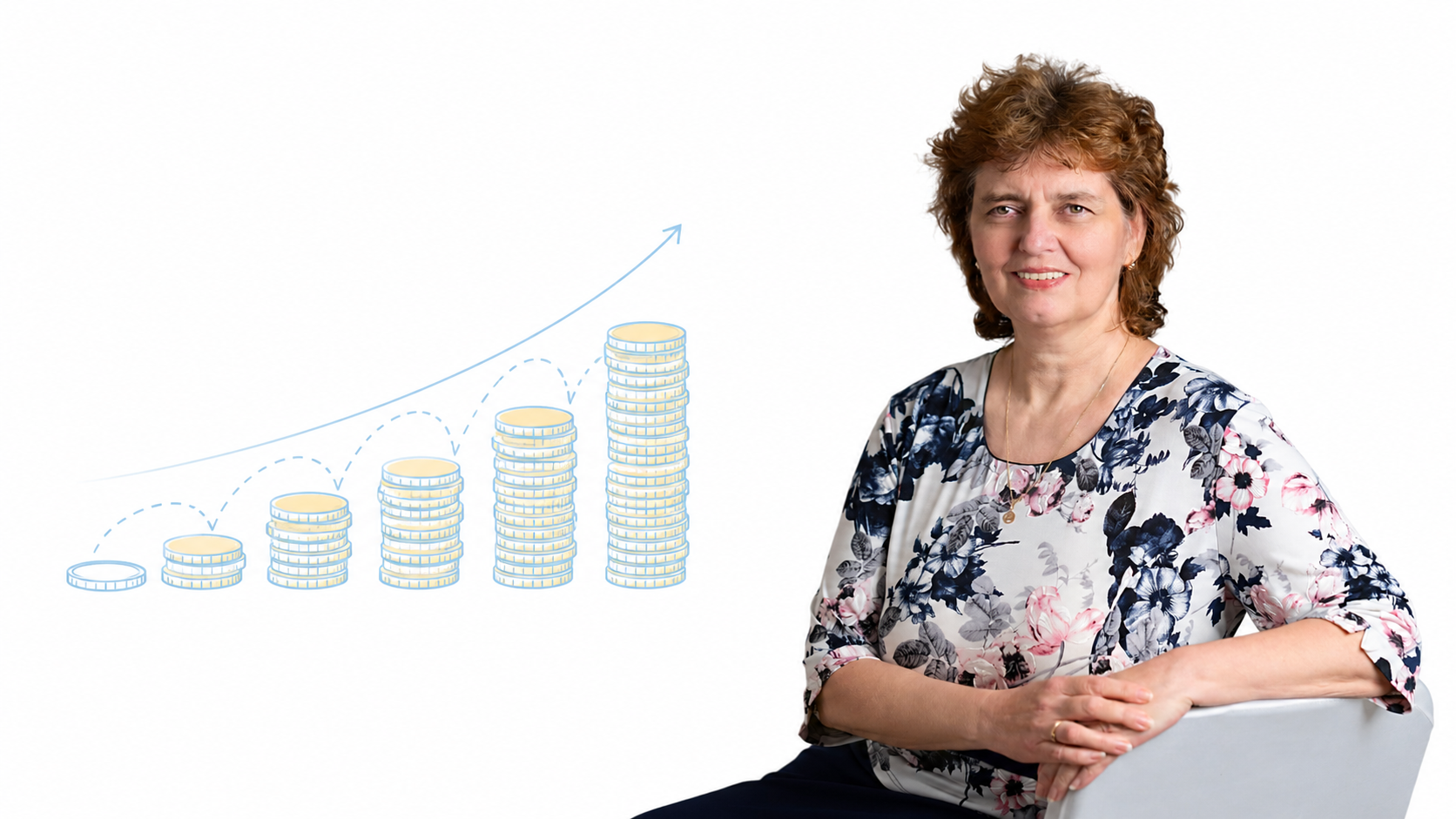 Emelkedő pénzérme-oszlopok grafikonnal, amelyek a fokozatosan növekvő pénzügyi tartalékot szimbolizálják, mellette Zsoldos Zsuzsa adótanácsadó portréja