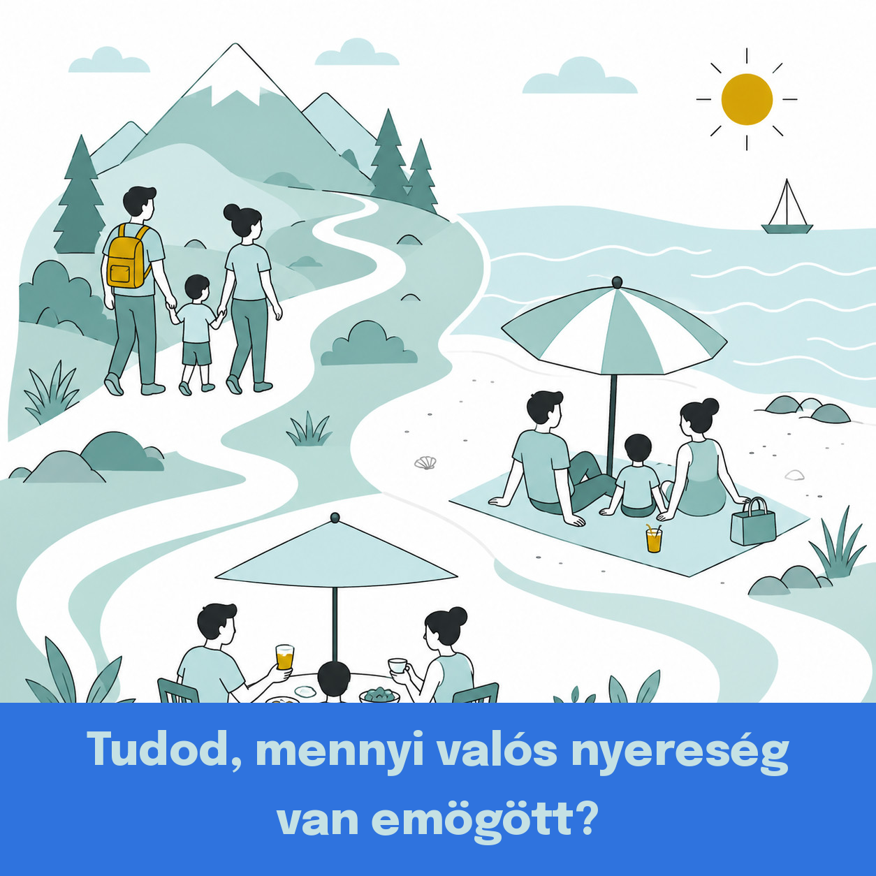 Illusztráció egy vállalkozó családról kiránduláson, tengerparton és étteremben – így nézhet ki a gyakorlatban a vállalkozás valós nyereség