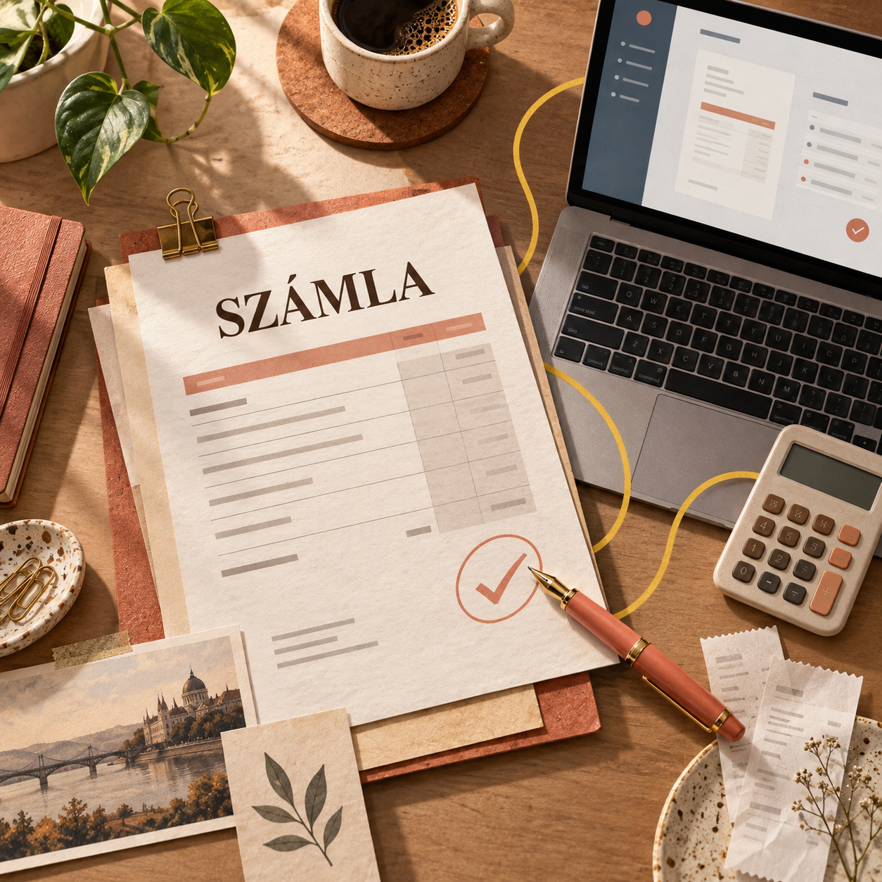 Számlázás egyéni vállalkozóként – kitöltött számla clipboardon, mellette laptop, számológép, kávé és nyugták egy íróasztalon