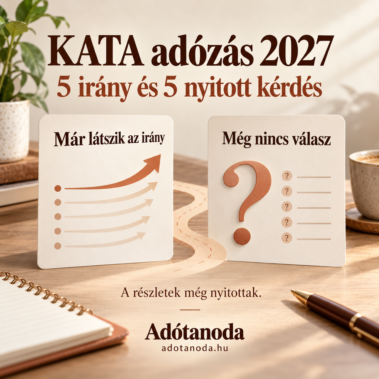 41.hét 1.blogcikk KATA adózás 2027: öt körvonalazódó irányt jelző nyíl és öt nyitott kérdést jelképező kérdőjel bézs–terrakotta színű Adótanoda blogképen.