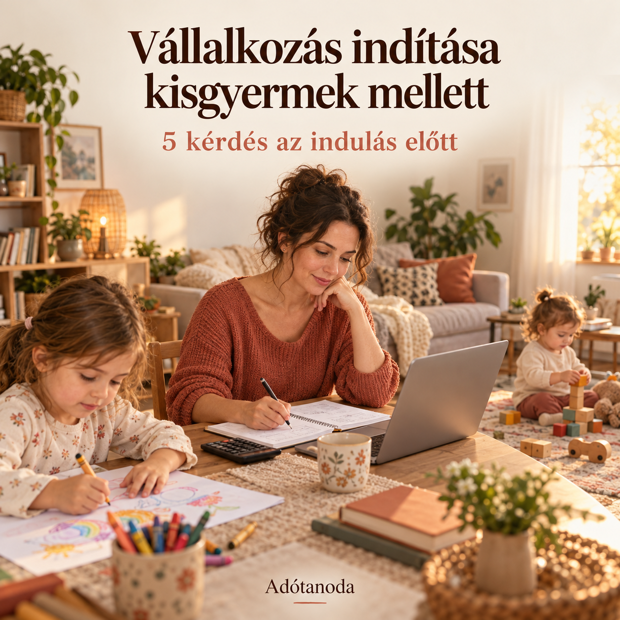 Vállalkozás indítása kisgyermek mellett, egy édesanya laptopnál tervez, miközben gyermekei mellette rajzolnak és játszanak.