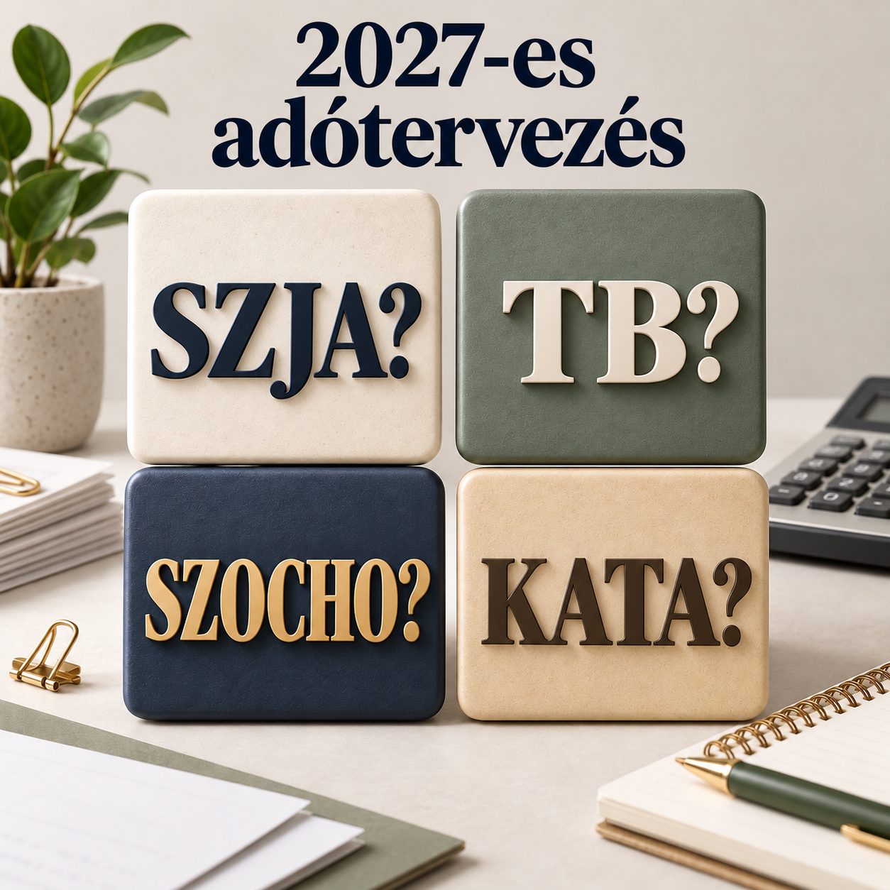 2027 egyéni vállalkozóként, „2027-es adótervezés” felirat, alatta SZJA, TB, SZOCHO és KATA feliratú kártyák, mindegyiken kérdőjellel.