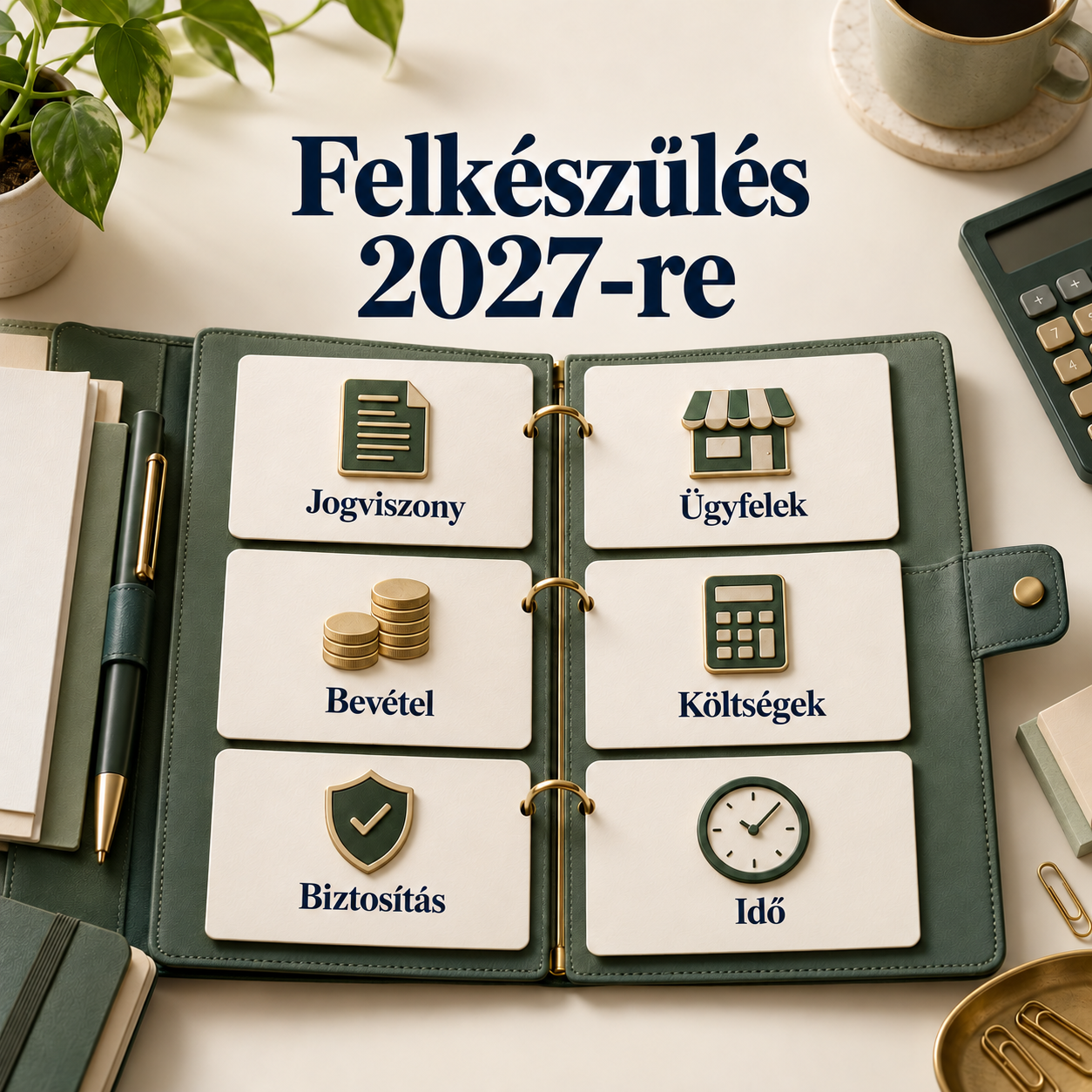 Felkészülés 2027-re nyitott tervező a felkészülés hat témájával: jogviszony, ügyfelek, bevétel, költségek, biztosítás és idő.