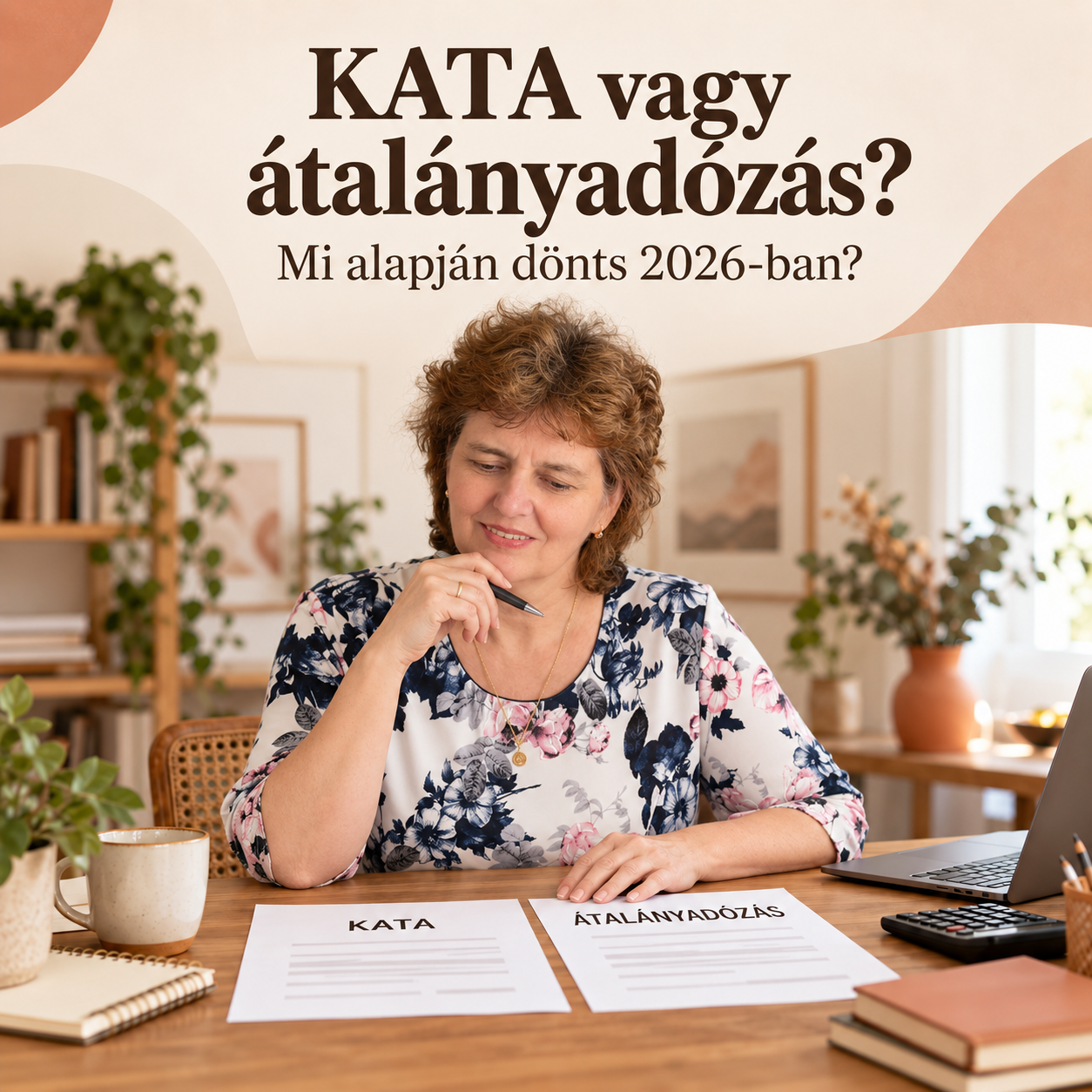 KATA vagy átalányadózás 2026-ban Zsoldos Zsuzsa az íróasztalánál a KATA és átalányadózás dokumentumait tekinti át; a kép felirata: „KATA vagy átalányadózás? Mi alapján dönts 2026-ban?”